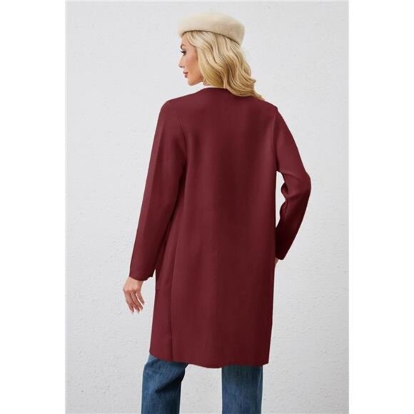 Women's Open Front Knit Cardigan Coats with Pockets Wine Red - Picture 4 of 5